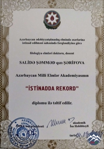AMEA-nın professoru Salidə Şərifova “İstinadda rekord” diplomu ilə təltif edilib